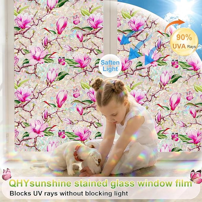 Window Privacy Film Stain Glass Window Film Rainbow Window Film Window clings Non-Adhesive Reusable Decorative for Room (Rainbow Magnolia, 17.5 X 78.7 in)