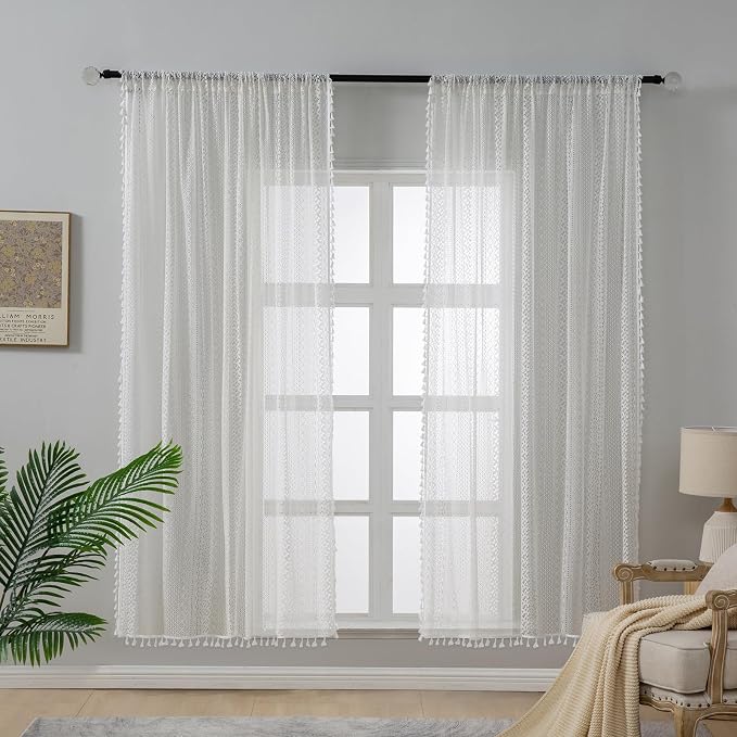 WAZZIO Boho Lace Curtains 72 Inches 2 Panel,Light Filtering Privacy Tassel & Geometry Crochet Semi Sheer Curtain Drapes for Bedroom Living Dining Room,Rod Pocket & Tassel,Victorian Decor,Off White