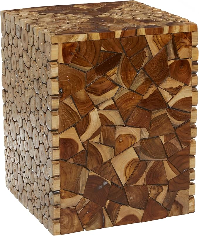 Deco 79 Teak Wood Side Table, 14" x 14" x 18", Varnished Brown | Distinctive living room style, wood side table for living room, brown end table, handmade, mosaic wood chip design