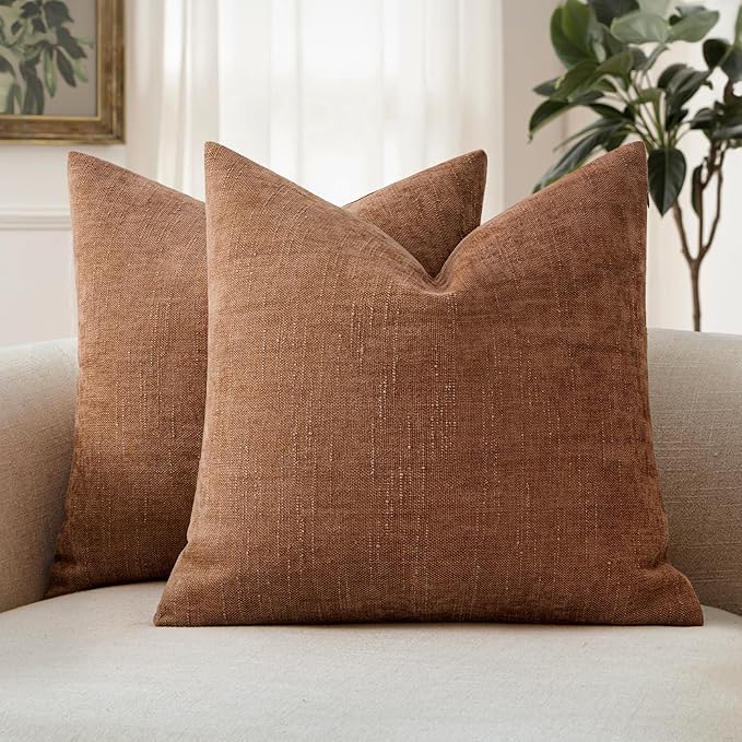 MIULEE Pack of 2 Decorative Throw Pillow Covers Soft Chenille Euro Pillowcases Solid Neutral Farmhouse Textured Cushions Morden Home Decor for Couch Sofa Bedroom Living Room 24x24 Inch,Pecan Brown