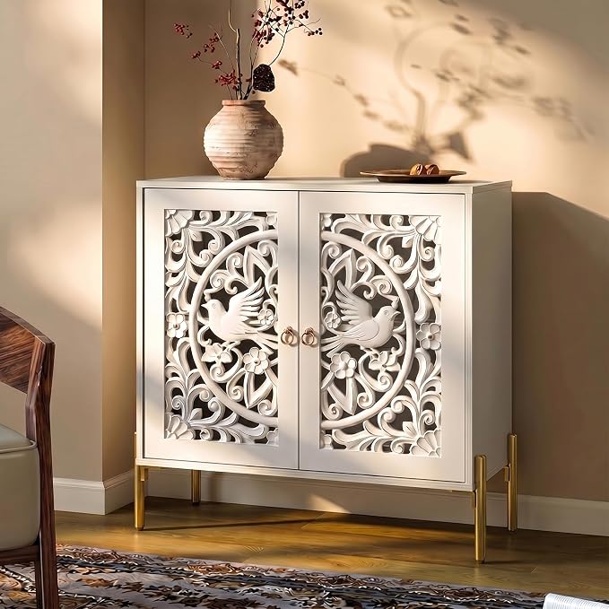 DHZ Accent Cabinet with Doors, Hollow-Carved Pattern Buffet Cabinet with Storage, Freestanding Sideboard Cabinet for Living Room Dining Room Entryway
