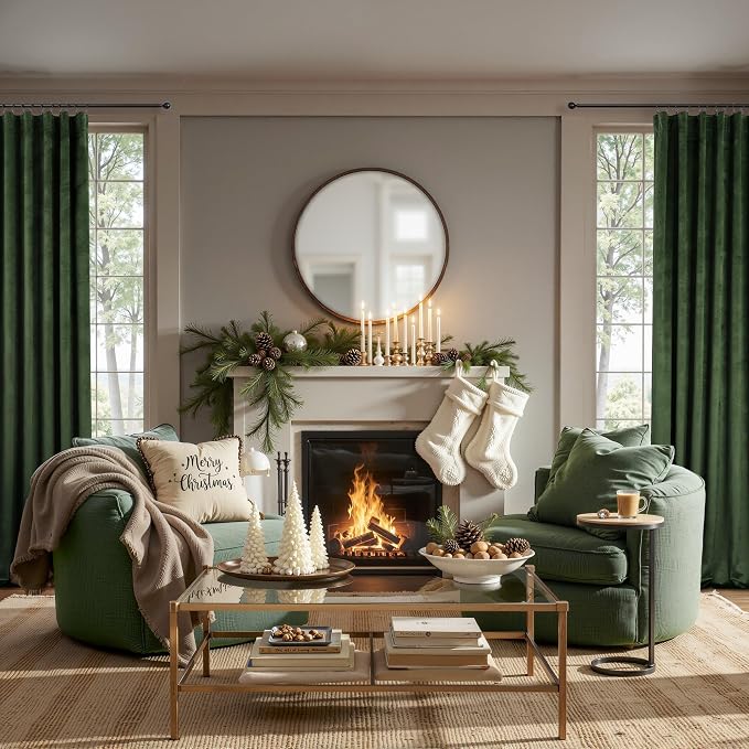 Olive Green Velvet Curtain 84 Inch Length 2 Panel for Living Room Darkening Thick Luxury Plush Velour Thermal Insulated Long Drape Hunter Dark Green Curtain for Bedroom Christmas Decor Back Tab Pocket