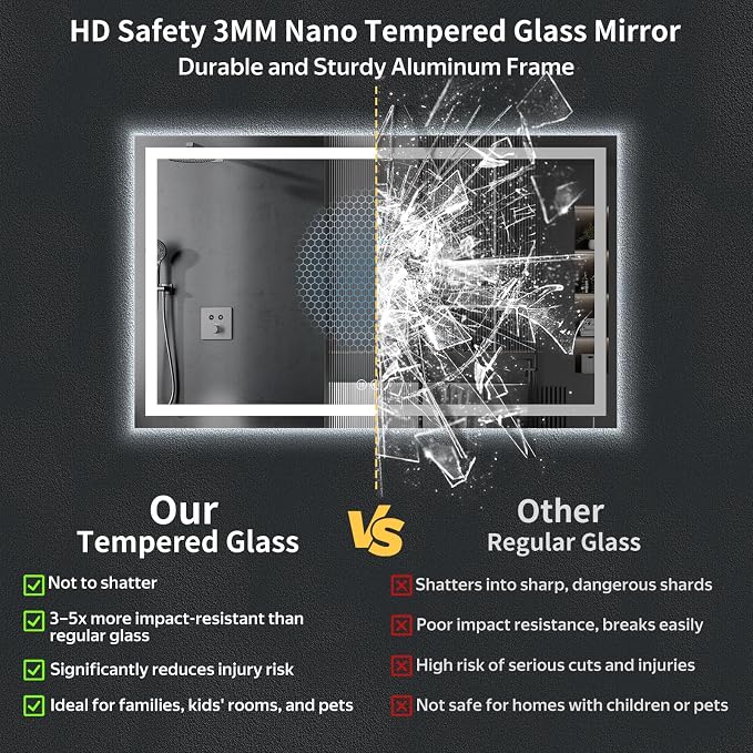 60"x36" LED Bathroom Mirror with Lights, Backlit + Front Lit with CRI>90, Lighted Mirror for Bathroom, Anti-Fog, Dimmable Brightness, 3 Colors, Memory Function, Shatterproof Tempered Glass