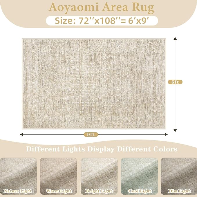 Area Rug for Living Room 6x9: Large Washable Boho Moroccan Rugs Geometric Neutral Rug, Non-Slip Foldable Morden Farmhouse Indoor Floor Carpet for Bedroom Dining Table Home (Moroccan Beige, 6'x9')