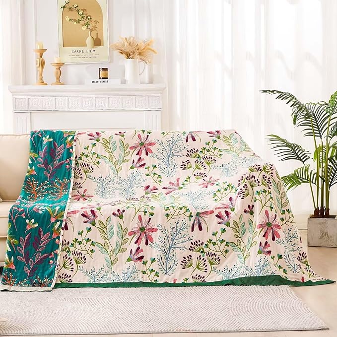 XIBLC Boho Throw Blanket for Bed, 100% Cotton Soft Rustic Quilt Fall Blanket, 60"x80" Floral Printed Farmhouse Decor Bed Blankets, All Season Rustic Reversible Bohemian Throw Quilt