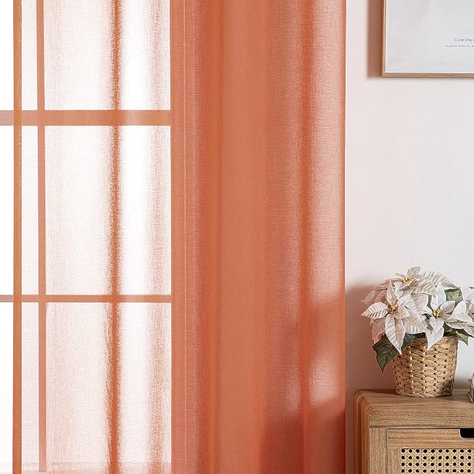 MIULEE 2 Panels Burnt Orange Semi Sheer Window Curtains - Elegant Grommet Top Voile Panels/Drapes/Treatment - Linen Textured for Bedroom Living Room Fall Decor (54X96 Inches)