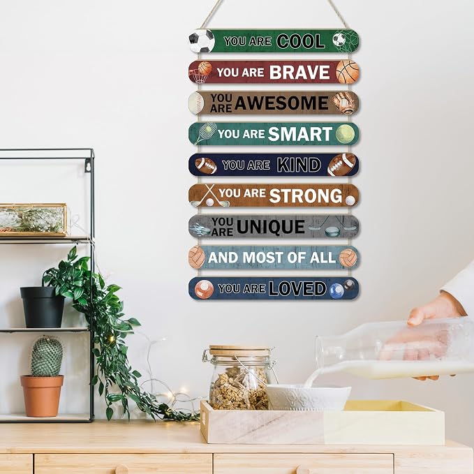 MONALET Sports Balls Inspirational Wall Decor for Boys Kids Room Classroom Playroom Nursery, You Are Loved Hanging Wooden Signs Decorations, Soccer Basketball Football Wall Art Wood Plaque 9Pcs 12x19