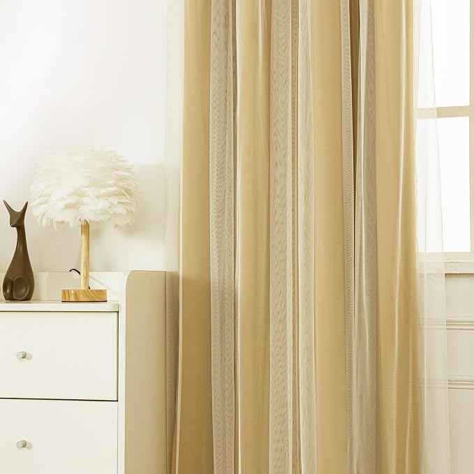 INLINAS Gold Blackout Curtains with Sheer Overlay - Grommet Top Thermal and Noise Reduction Panels for Bedroom and Living Room Light Blocking and Energy Saving, 52 x 84 Inches, Set of 2