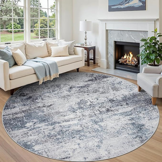 Round Rug 8ft Circle Rug Washable: Carpet Circular Area Rug for Entryway Kitchen Bedroom Dining Room Living Room Large 8 Feet Abstract College Dorm Non Slip Low Pile Blue Grey