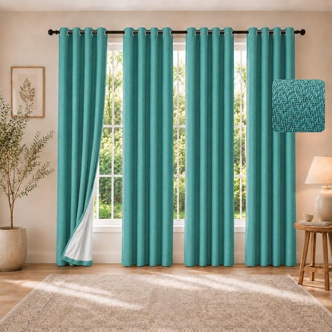 4 Panels 100% Blackout Linen-Textured Curtains, Thick Thermal Insulated Grommet Drapes with Subtle Herringbone Weave, Luxury Decor for Bedroom/Living Room, 54 x 95 Inches, Teal