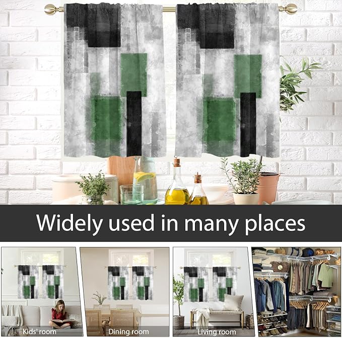 AAtter Green Window Curtains for Kitchen Black Gray Grey Olive Modern Funky Small Short Home Living Room Bedroom Bathroom Rod Pocket Drapes Treatment Tiers Fabric 1 Pair, 27.5" W x 45" L, Geometric
