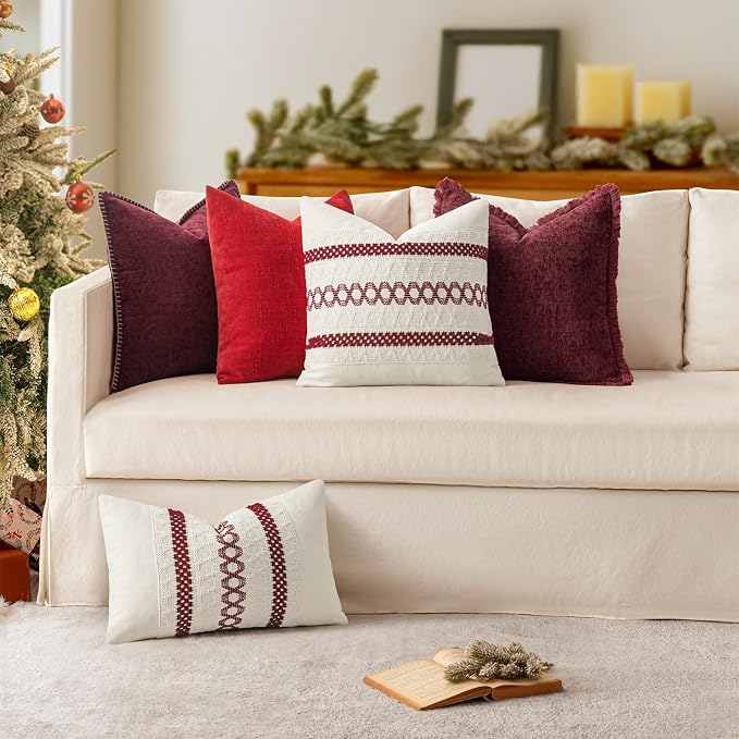 MIULEE Pack of 2 Pillow Covers 20x20 Inch Burgundy Red Farmhouse Decorative Throw Pillow Covers with Stitched Edge Soft Chenille Solid Dyed Couch Pillow Covers for Sofa Bed Living Room