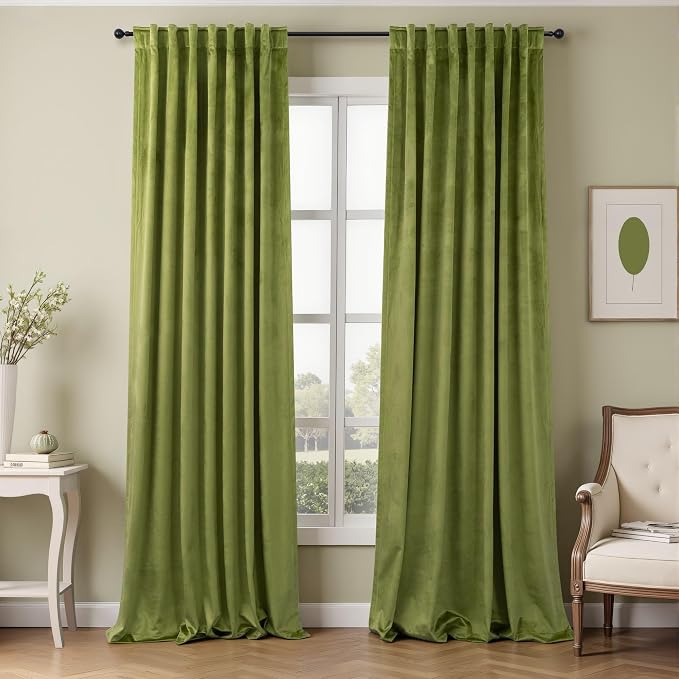 Chartreuse Moss Green Velvet Curtains for Bedroom 96 Inches Long 2 Panels Maximalism Quirky Eclectic Vintage Bold Light Blocking Soundproof Thermal Drape for Living Room Mid Century Modern Psychedelic