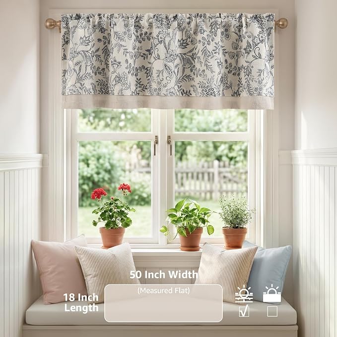 jinchan Linen Valance Curtain Farmhouse Floral Printed Small Window Curtain for Kitchen Rustic Light Filtering Valance for Living Room Bedroom Bathroom 18 Inch Rod Pocket 1 Panel Black on Beige