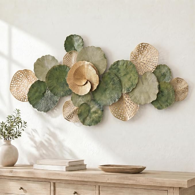 Axioglo 51" Large Wall Decor 3D Lotus Leaf Metal Wall Art for Living Room | 51" x 25" metal wall decor with layered metal texture, mounting hardware, two-way display