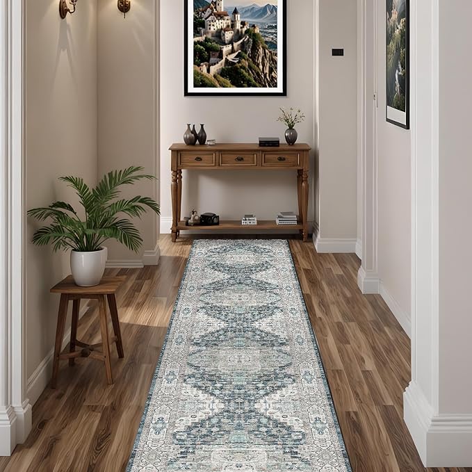 Washable Runner Hallway Rug,Low Pile 2x10 Non Slip Non-Shedding Kitchen Carpet Soft Indoor Stain Resistant Rug for Bedroom Laundry Room Bathroom Blue Beige Multi