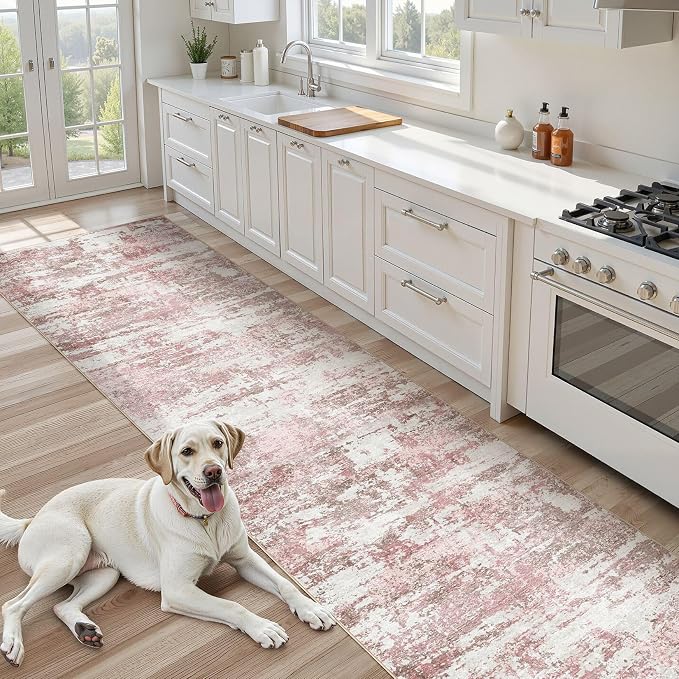 Area Rugs for Living Room: 3x14 Abstract Washable Rug Modern Neutral Large Soft Stain Resistant Non-Slip Backing Machine Table for Bedroom Dining Room Indoor Home Office Carpet - Pink