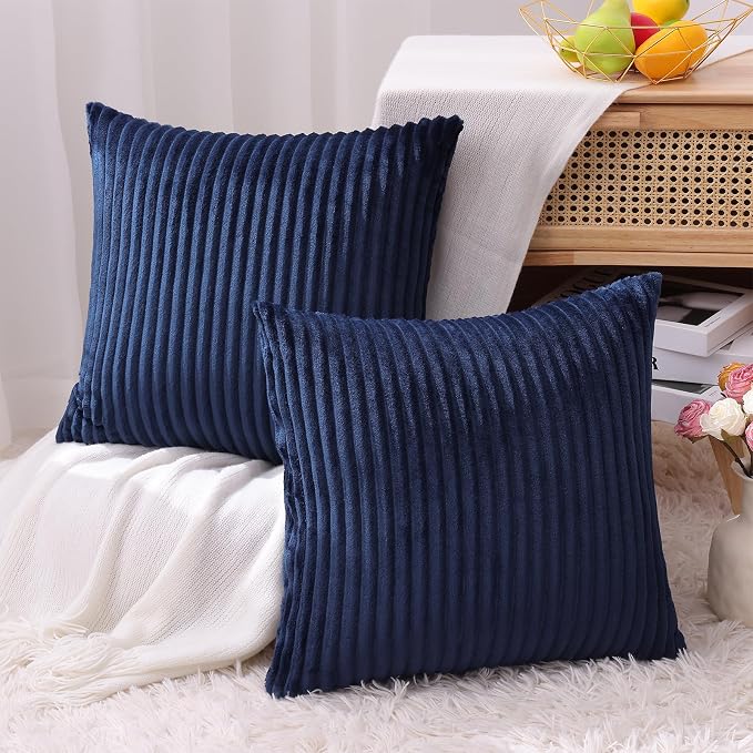 Simmore Decorative Fall Throw Pillow Covers 12x20 Set of 2, Soft Natural Plush Flannel Double-Sided Fluffy Rectangle Pillow Covers for Couch Sofa Living Room, Navy Blue