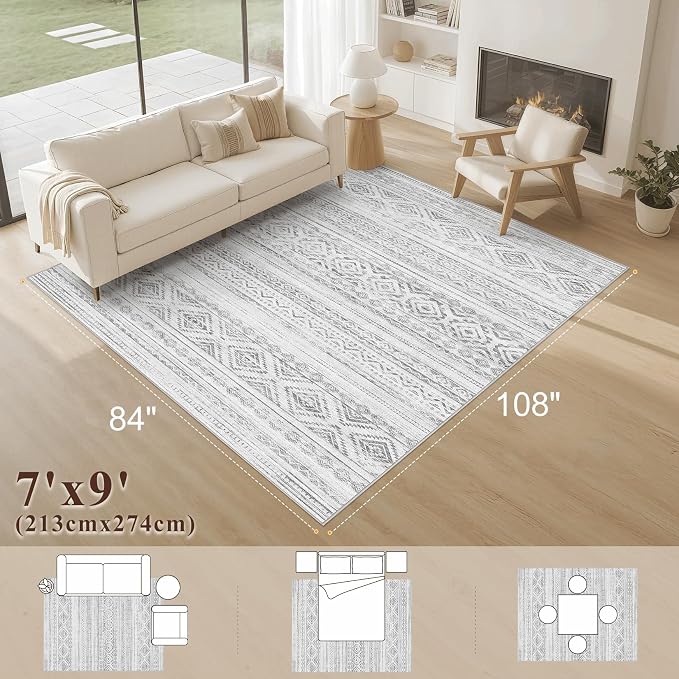 cotiled 7x9 Area Rugs Living Room Rug: Washable Boho Rugs with Non Slip Backing Large Soft Indoor Stain Resistant Carpet for Bedroom Farmhouse Dining Room Lightweight Home Decor Light Grey