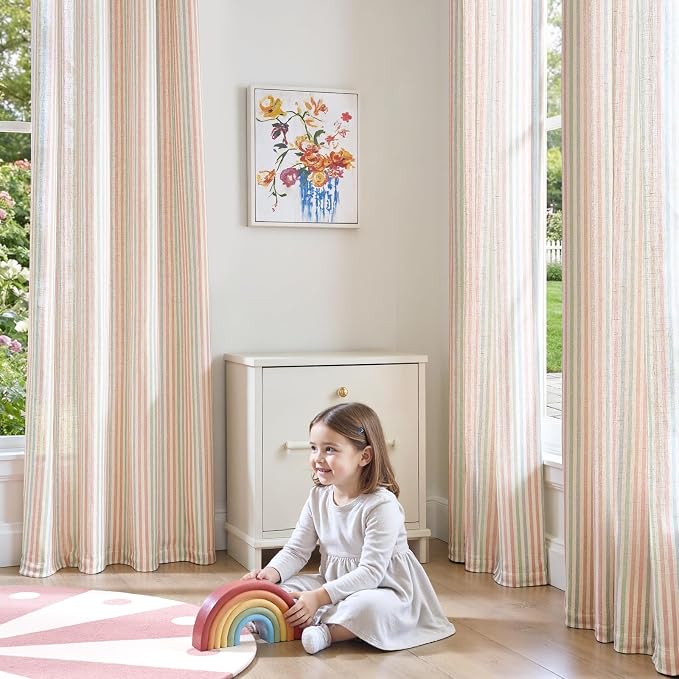jinchan Linen Curtains for Living Room Candy Striped Curtains 63 inch Length for Baby Girls Kids Room, Ticking Stripe Pattern Light Filtering Nursery Drapes, Grommet Window Treatments, 2 Panels Candy