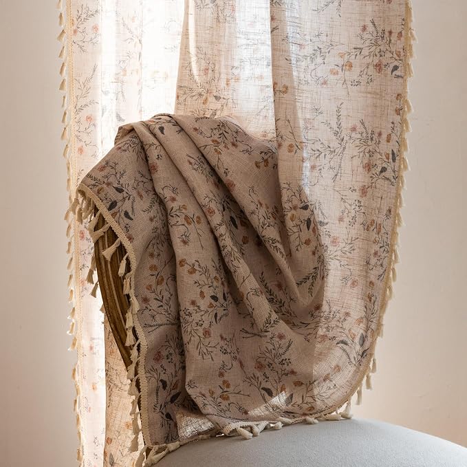 OYX Boho Floral Curtains 84 Inch, Farmhouse Wildflower Drapes with Tassels, Linen Textured Light Filtering Semi Sheer Curtains for Living Room Bedroom, 2 Panels, Rod Pocket, 52Wx84L