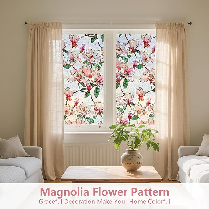 Kromapolis Window Privacy Film, Stained Glass Sticker Floral Window Clings, Decorative Static Clings UV Blocking Colorful Decals, Removable Vinyl Covering Rainbow Magnolia Flowers, 23.6'' x 157.4''