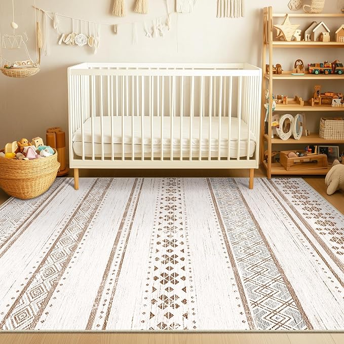 BESTSWEETIE 5x7 Area Rugs for Living Room Washable Moroccan Farmhouse Neutral Geometric Low Pile Non-Slip Soft Print Pattern Rug for Bedroom Kitchen Dining Room Entryway Cream/Brown/Pink