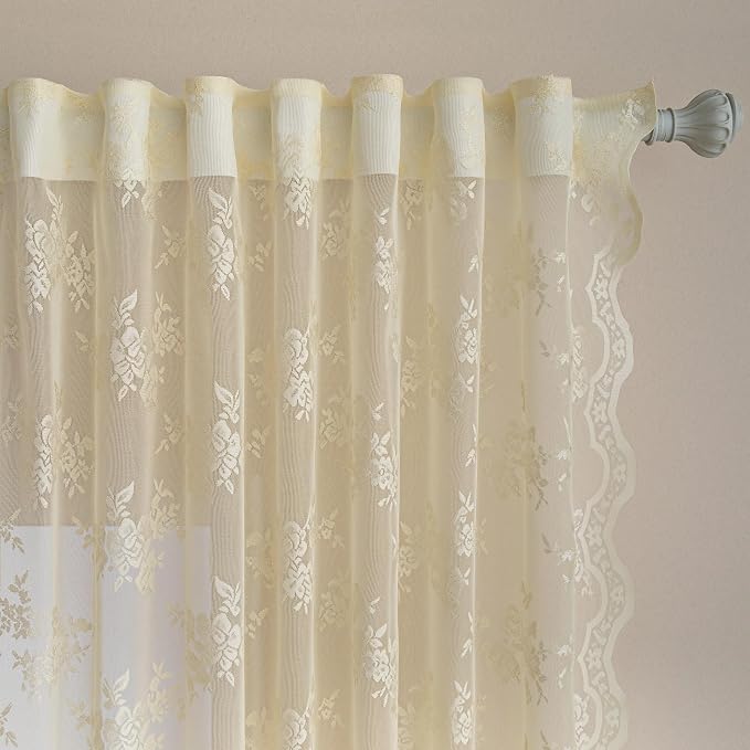 MEETSKY Vintage Lace Sheer Curtains 96 Inch Long 2 Panels Set for Dining Room French Victorian Spring Floral Pattern Design Light Filtering Rod Pocket Drapes, 50" W Each Panel, Light Yellow