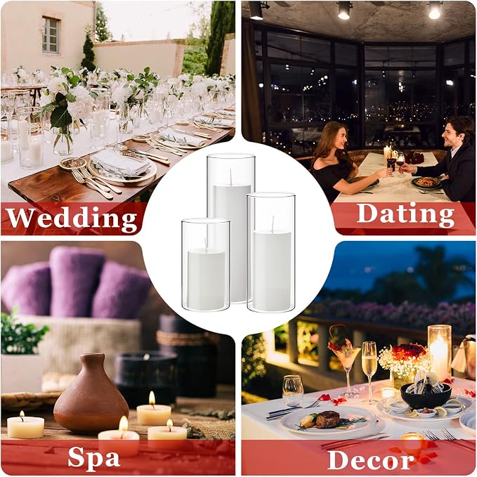 Shihanee Set of 6 Pillar Candles with Glass Cylinder Vases Clear Cylinder Hurricane Candleholders for Slim Tall Pillar Candles Wedding Table Centerpieces(2.6'' X 4.7'', 5.9'', 7.9'',White)