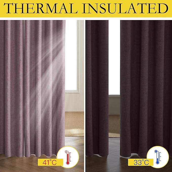 NICETOWN Chaise Mauve Vintage Linen 100% Blackout Curtains for Classroom, Thermal Insulated Curtains 72" Long, Noise Reducing Window Treatment Drapes for Gym Room, 42" Wide Per Panel, Set of 2
