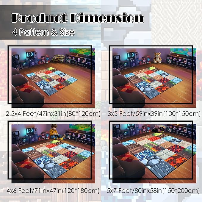 Game Rugs for Boys Bedroom - Old Game Block Theme Carpets for Room Decor Video Gamer Rug Soft Rugs for Boys Bedroom Playroom Living Room Floor Mat, 5'x7'