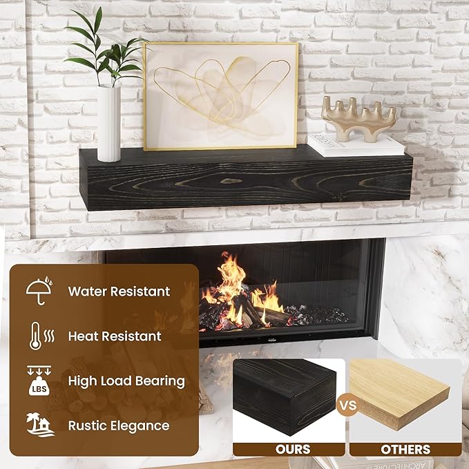 Acovy Floating Fireplace Mantel Shelves, 48x8x5 Inches Natural Wooden Floating Shelf for Over Fireplace, Wall-Mounted Mantel Shelf for Living Room and Home Decor, Black
