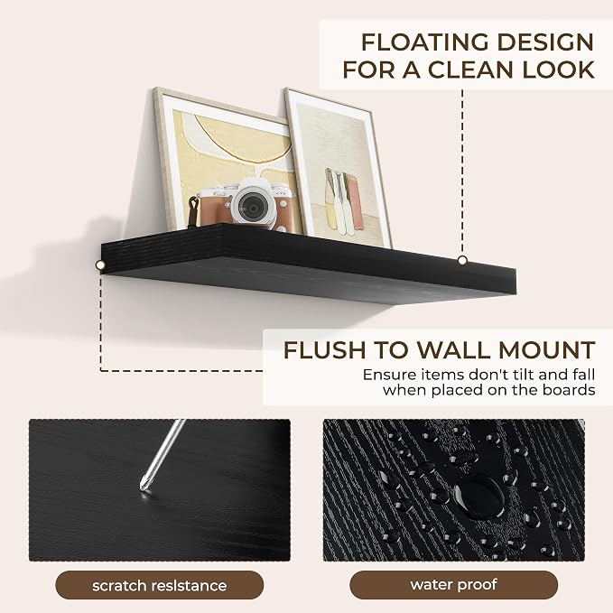 RICHFOCUS 31.5Inch Floating Shelves for Wall 2 Pack Shelves for Bedroom|Kitchen|Bathroom Wall Mounted Rustic Wood Floating Shelf with Invisible Brackets for Books|Storage|Decor, Black