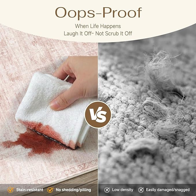 HUGEAR Retro 5x7 Washable Area Rugs Pink Nursery Living Room Bedroom Rug Vintage Distressed Throw Carpet Neutral Stain Resistant Non Slip Low Pile Playroom Kidsroom Home Aesthetic Decor