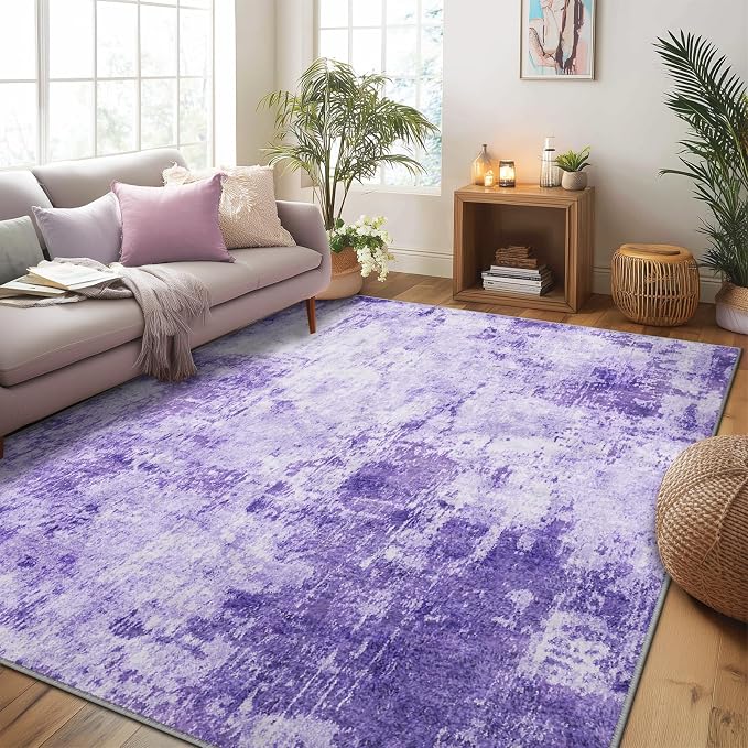 RELEANY Washable Area Rugs 6'x8' Non-Slip Modern Abstract Soft for Living Room Entryway Bedroom Kitchen, Print Pattern, Purple Gray Pink White