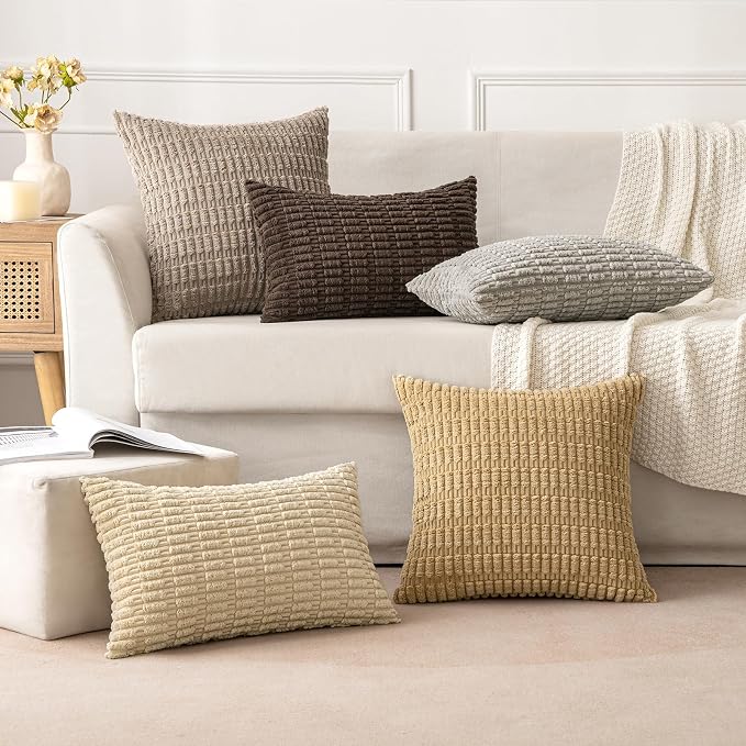 MIULEE Pack of 2 Corduroy Decorative Lumbar Throw Pillow Covers 20x12 Inch Soft Boho Striped Pillow Covers Modern Farmhouse Home Decor for Sofa Living Room Couch Bed Tan