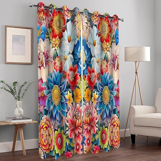 MissHope Boho Flower Floral Blackout Curtains Vintage Colorful Bohemian Decor for Women Girls Mom Wife Bedroom Study Classroom Living Room Darkening Grommet Window Drapes 2 Panel Set, 42x63 Inch