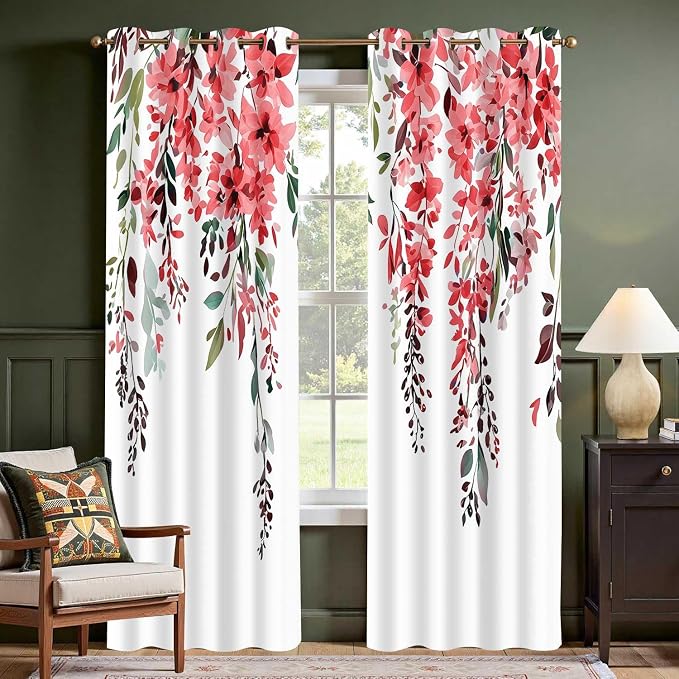 Red Watercolor Floral Curtains, Botanical Leaves Vine Flowers Curtain, Rustic Farmhouse Flower Leaf Blackout Window Treatment Drapes for Bedroom Living Room 42x90 inch, 2 Panels