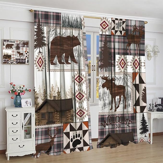 Retro Bear Blackout Curtains Vintage Woodland Wild Animal Country Tribal Southwestern Native Geometry Aztec Hunting Wild Animal Windows Treatments for Kitchen Farm Living Room Bedroom 84x84in