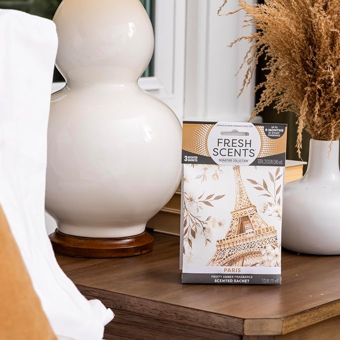 Fresh Scents Scented Sachets | Paris | Home Fragrance | Long Lasting (Up to 6 Months) | Air Freshener for Closets, Drawers, & Cars | 6 Pack