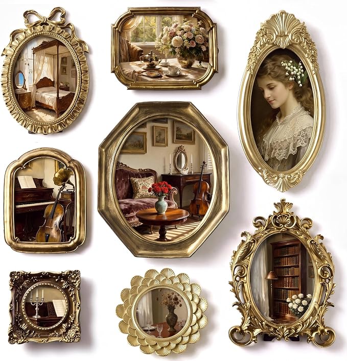 Lineshading 8 Pcs Picture Gold Vintage Gallery Wall Frame Set Antique Resin Picture Frame Collage 5 Sizes Baroque Victorian for Wall Tabletop Display Ornate French Country for Bedroom Living Room