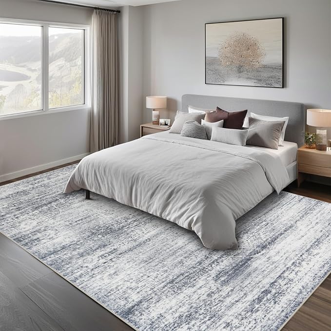 Srugn Washable Rugs 5x7 Area Rugs for Living Room,Rugs for Bedroom,Large Carpets,Ultra Soft Faux Wool Retro Dining Room Rug,Non Slip&Non-Shedding Low Pile Vintage Print Rug for Home Office-Grey Cream