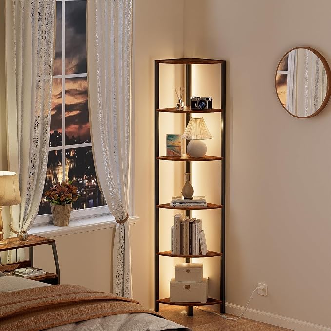 Furnulem 6 Tier Corner Shelf with LED Light, 67.5” Tall Standing Shelf Organizer, Narrow Bookshelf with Storage Rack for Wall Corner, Living Room, Bedroom, Metal Frame, Wood Display Shelf