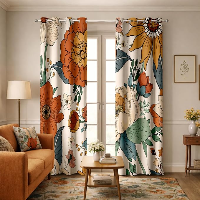 Boho Floral Blackout Curtain, Vintage Rustic Farmhouse Botanical Flower Abstract Modern Bohemian Window Curtains Living Room Bedroom Decor Darkening Window Drapes Treatments, 2 Panels 52x84 Inch
