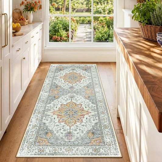 RELEANY Area Rugs Runner 2'x6' Washable Non-Slip, Floral Vintage Distress Medallion Carpet for Kitchen Hallway Bedroom Beside Laundry Room Bathroom, Beige Carbon Grey Orange
