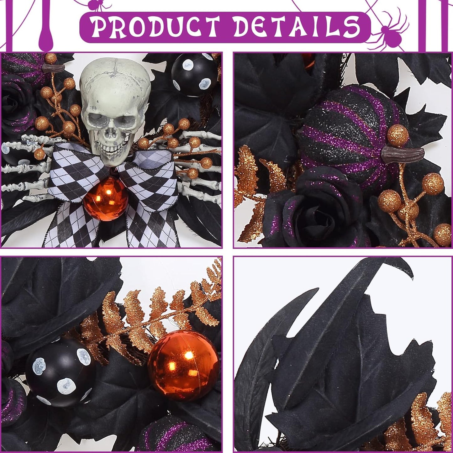 Adeeing Halloween Wreath for Front Door Halloween Skeleton Decorations, 20 Inch Pumpkin Wreath with Skull Black Roses Maple Leaves for Window Indoor Outside Home Party Decor