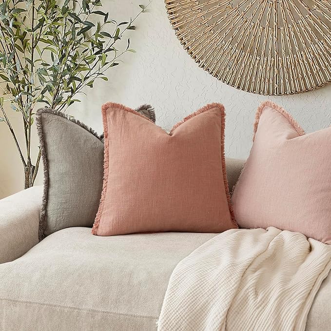 Foindtower Set of 2 Decorative Linen Fringe Lumbar Throw Pillow Covers Boho Farmhouse Cushion Cover with Tassels Soft Accent Pillowcase for Couch Sofa Bed Living Room Home Decor,12×20 Inch,Coral Pink