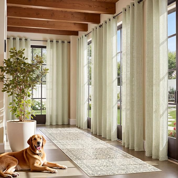jinchan Linen Curtains for Living Room Sage Green on Beige Striped Curtains for Bedroom Ticking Stripe Pattern Light Filtering Farmhouse Cottage Core Rustic grommet Window Treatment 2 Panels 63 inches