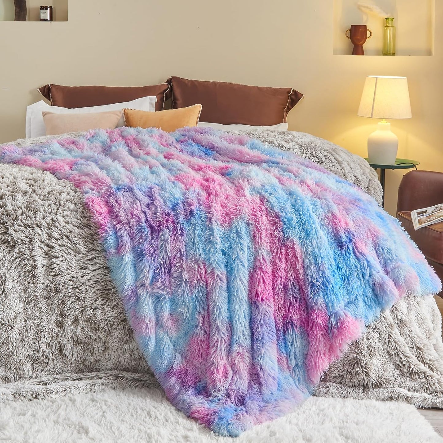 GONAAP Fuzzy Faux Fur Throw Blanket Twin Size Purple Rainbow Super Soft Cozy Plush Fuzzy Shaggy Blanket for Couch Sofa Bed (Purple Rainbow, Twin(60"x80"))