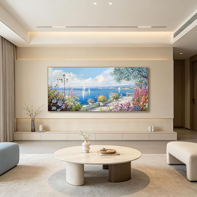 Oversized French Coastal Flower Sailboat Canvas Wall Art Framed Pastel | Mediterranean Seaside Landscape Painting Large Wide Wall Decor For Spacious Living Room Master Bedroom Open Dining Room 86x39